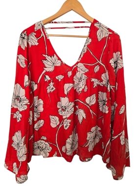 Copper Key Red Floral Boho Blouse XL Flowy Peplum Bell Sleeve Festival Top
